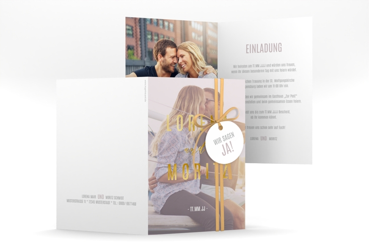 Einladungskarte Hochzeit Memory A6 Klappkarte hoch grau gold