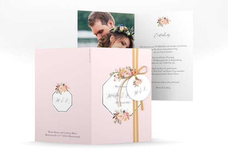 Einladungskarte Hochzeit Prachtvoll A6 Klappkarte hoch rosa silber