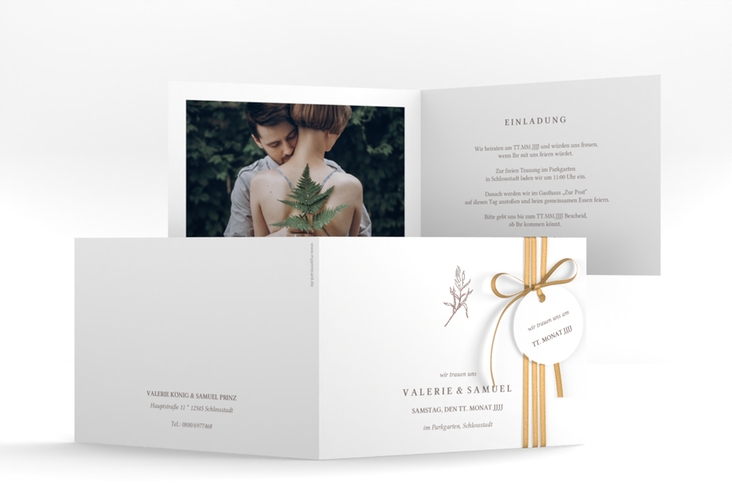 Hochzeitseinladung Ivy A6 Klappkarte quer rosegold minimalistisch mit kleiner botanischer Illustration