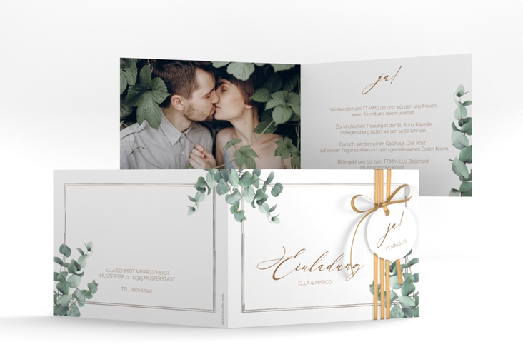 Hochzeitseinladung Eucalypt A6 Klappkarte quer silber mit Eukalyptus und edlem Rahmen