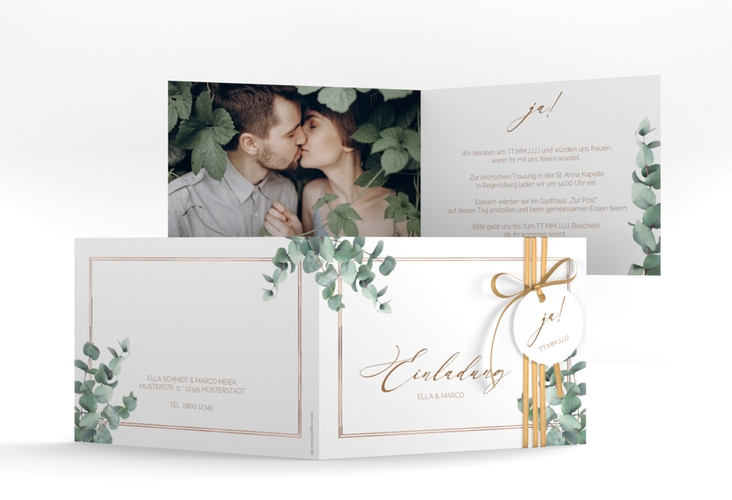 Hochzeitseinladung Eucalypt A6 Klappkarte quer rosegold mit Eukalyptus und edlem Rahmen