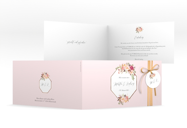 Hochzeitseinladung Prachtvoll lange Klappkarte quer rosa rosegold