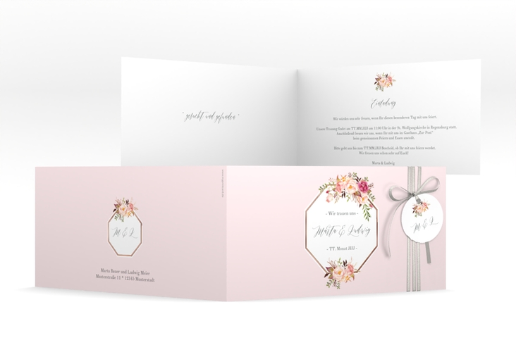 Hochzeitseinladung Prachtvoll lange Klappkarte quer rosa rosegold