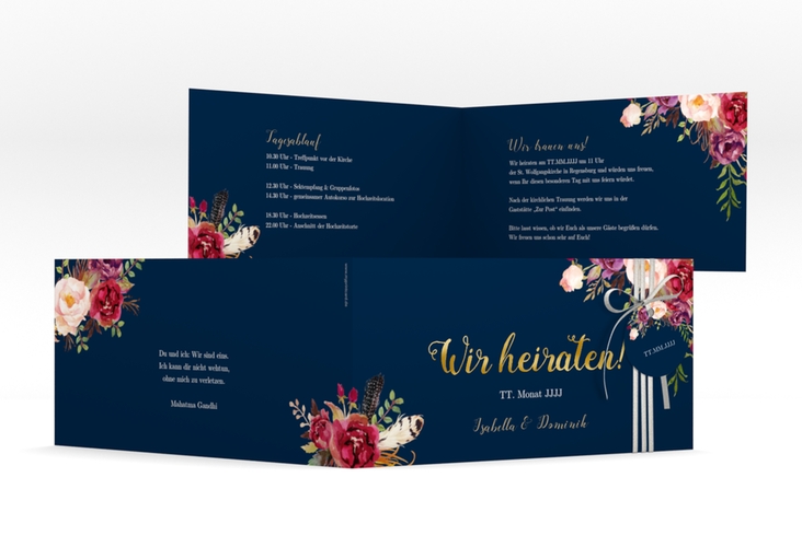 Hochzeitseinladung Flowers lange Klappkarte quer blau gold mit bunten Aquarell-Blumen