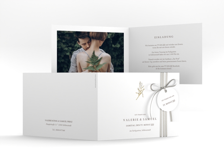 Hochzeitseinladung Ivy A6 Klappkarte quer gold minimalistisch mit kleiner botanischer Illustration