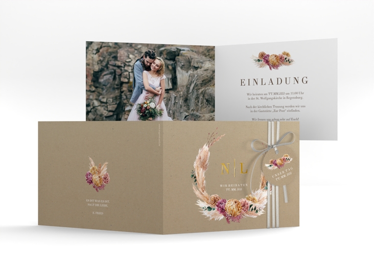Hochzeitseinladung Bohochic A6 Klappkarte quer gold