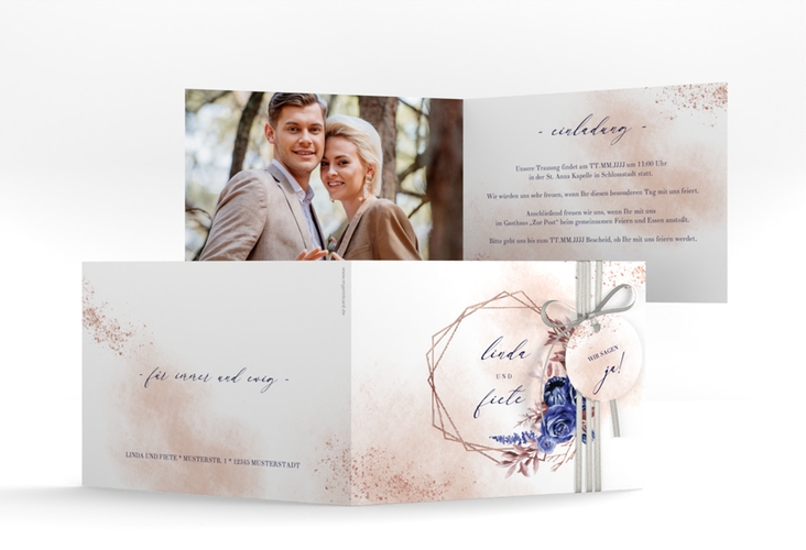 Hochzeitseinladung Saphir A6 Klappkarte quer rosegold