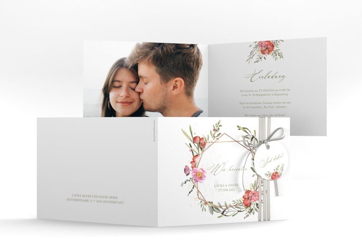 Hochzeitseinladung Sommergarten A6 Klappkarte quer rosegold