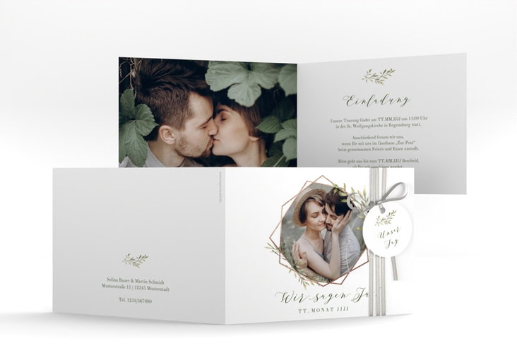 Hochzeitseinladung Acacia A6 Klappkarte quer rosegold