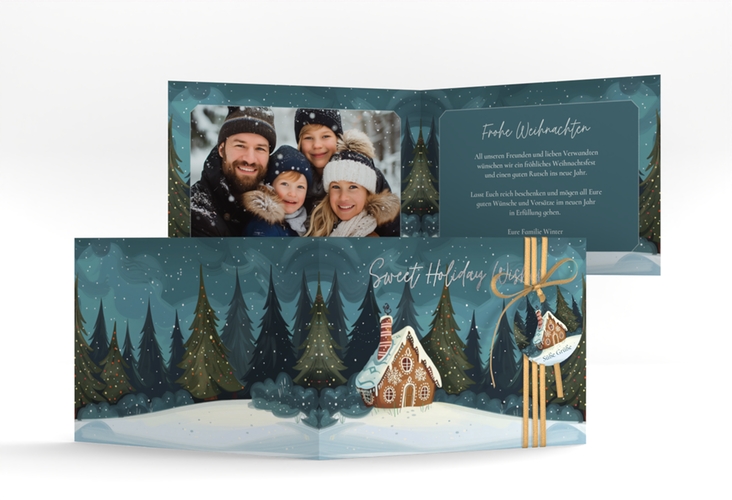 Weihnachtskarte Knusperhaus A6 Klappkarte quer silber mit Lebkuchenhaus im Winterwald