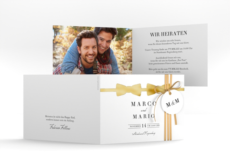 Hochzeitseinladung Suits A6 Klappkarte quer gold