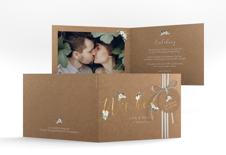 Hochzeitseinladung Inlove A6 Klappkarte quer gold
