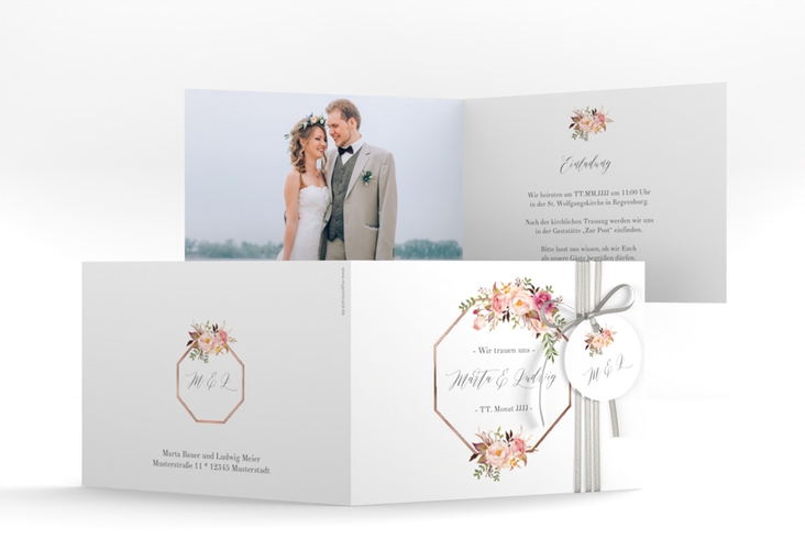 Hochzeitseinladung Prachtvoll A6 Klappkarte quer rosegold