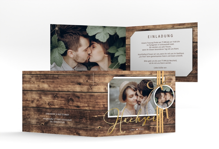 Hochzeitseinladung Rustic A6 Klappkarte quer gold in Holz-Optik mit Foto
