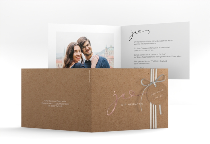 Hochzeitseinladung Jawort A6 Klappkarte quer rosegold modern minimalistisch mit veredelter Aufschrift