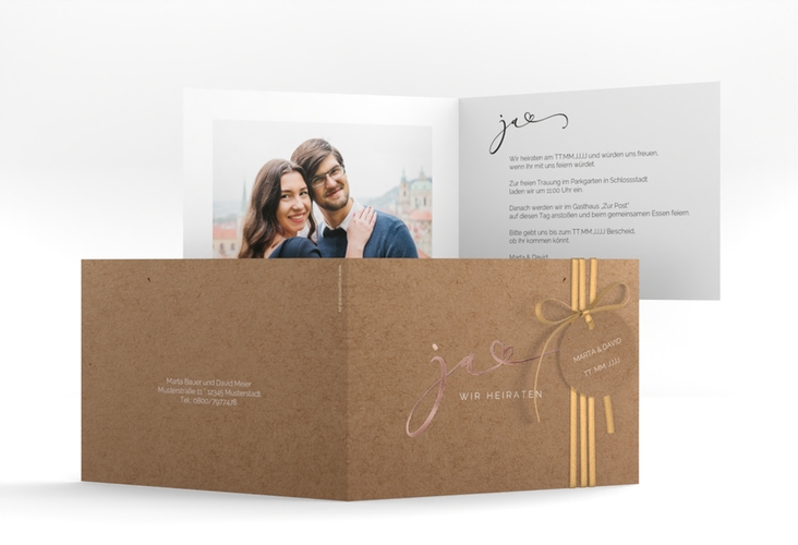 Hochzeitseinladung Jawort A6 Klappkarte quer rosegold modern minimalistisch mit veredelter Aufschrift