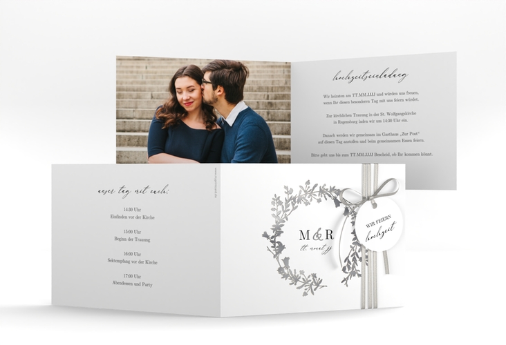 Hochzeitseinladung Filigree A6 Klappkarte quer silber