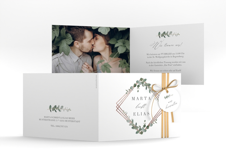 Hochzeitseinladung Eukalyptus A6 Klappkarte quer rosegold