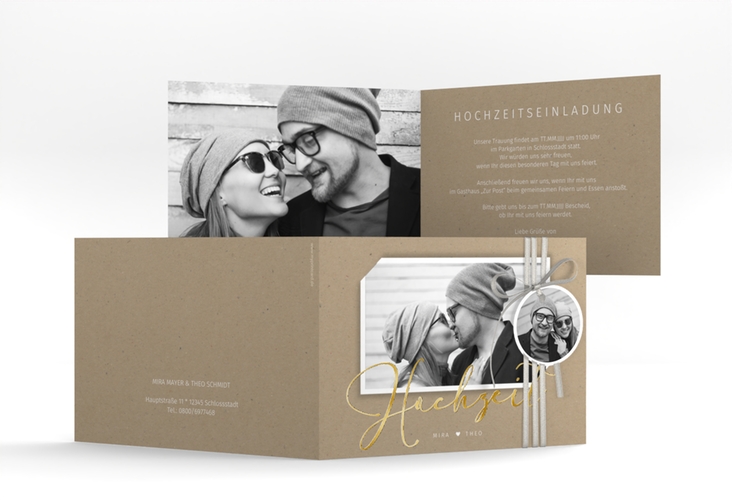 Hochzeitseinladung Crafty A6 Klappkarte quer gold mit Foto