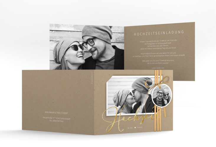 Hochzeitseinladung Crafty A6 Klappkarte quer gold mit Foto