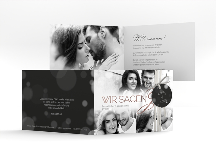 Hochzeitseinladung Bokeh A6 Klappkarte quer rosegold