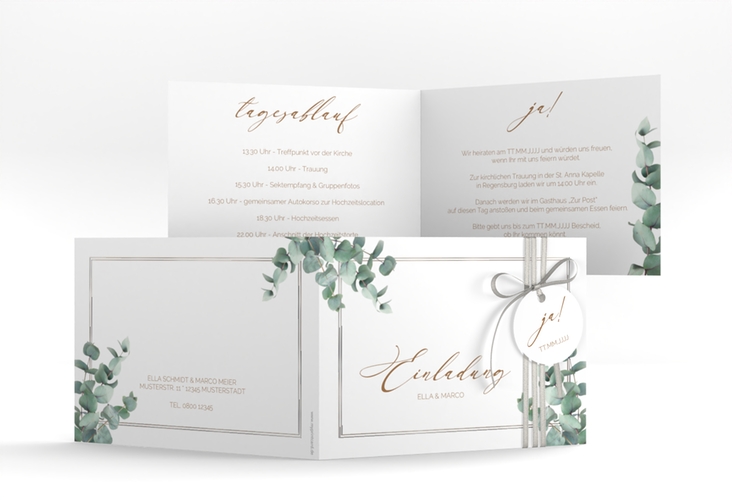 Hochzeitseinladung Eucalypt A6 Klappkarte quer silber mit Eukalyptus und edlem Rahmen