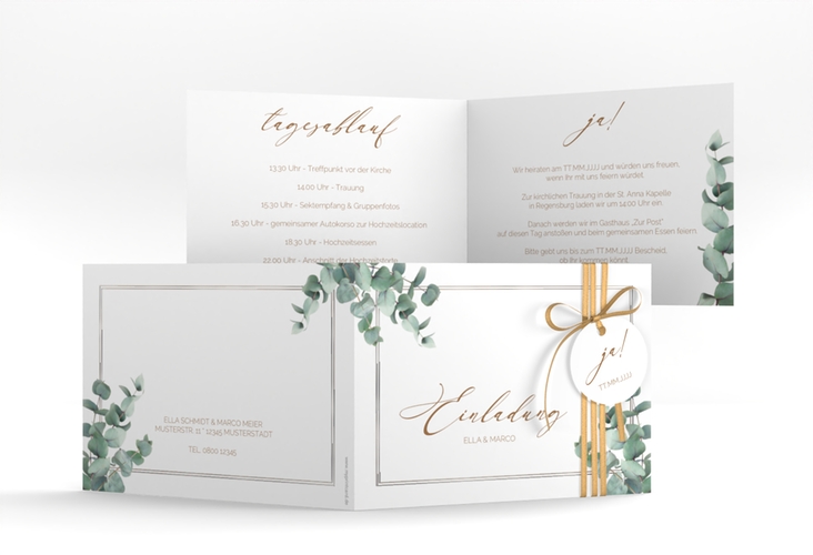Hochzeitseinladung Eucalypt A6 Klappkarte quer silber mit Eukalyptus und edlem Rahmen