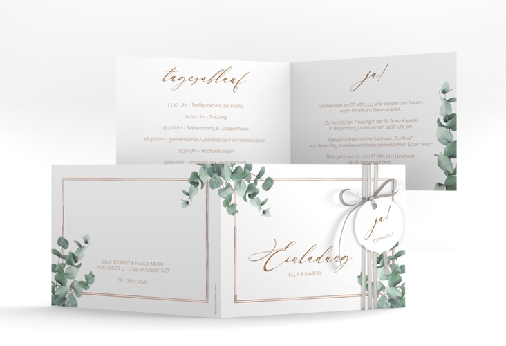 Hochzeitseinladung Eucalypt A6 Klappkarte quer rosegold mit Eukalyptus und edlem Rahmen