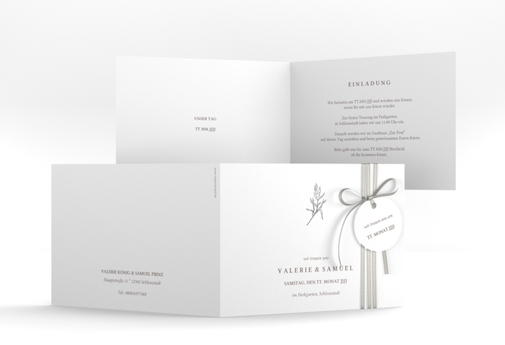 Hochzeitseinladung Ivy A6 Klappkarte quer silber minimalistisch mit kleiner botanischer Illustration