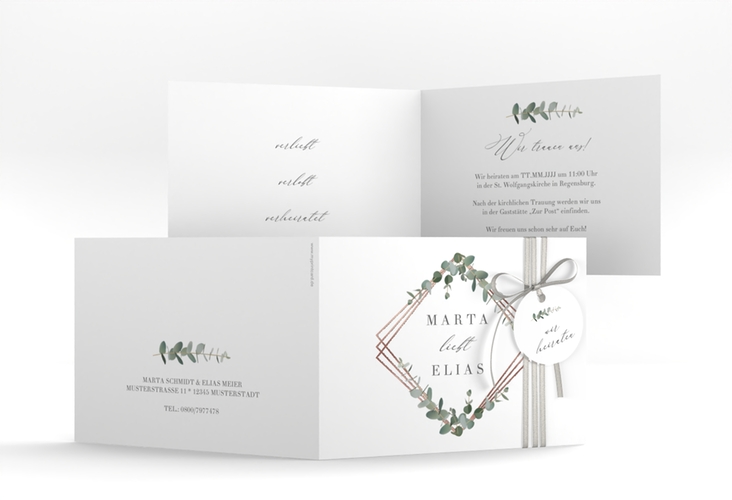 Hochzeitseinladung Eukalyptus A6 Klappkarte quer rosegold