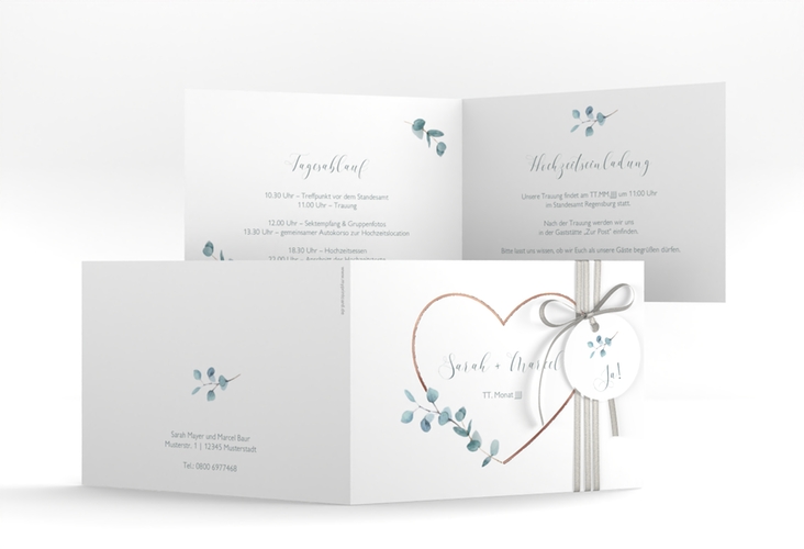 Hochzeitseinladung Greenheart A6 Klappkarte quer rosegold mit elegantem Herz und Eukalyptus-Zweig