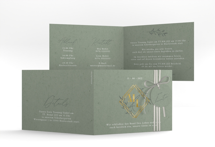 Hochzeitseinladung Greenletter A6 Klappkarte quer gold mit Initialen in elegantem Goldrahmen mit Blättern