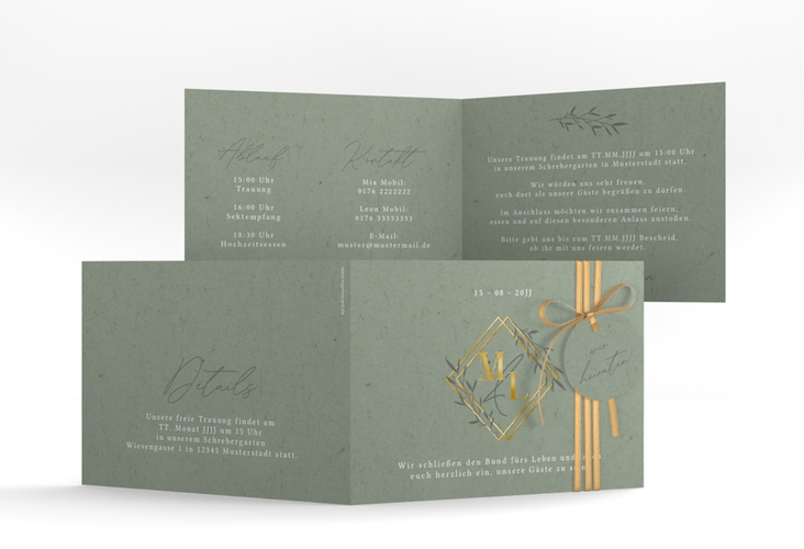 Hochzeitseinladung Greenletter A6 Klappkarte quer gold mit Initialen in elegantem Goldrahmen mit Blättern