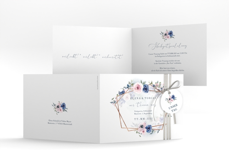 Hochzeitseinladung Dustyblue A6 Klappkarte quer rosegold