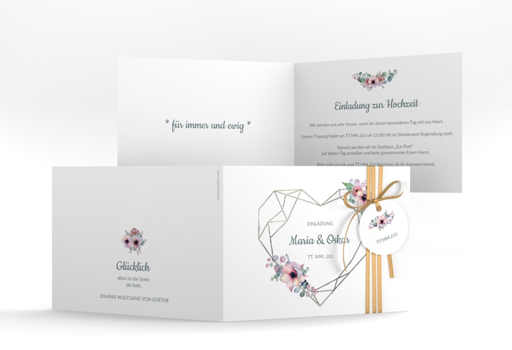 Hochzeitseinladung Herzgold A6 Klappkarte quer silber
