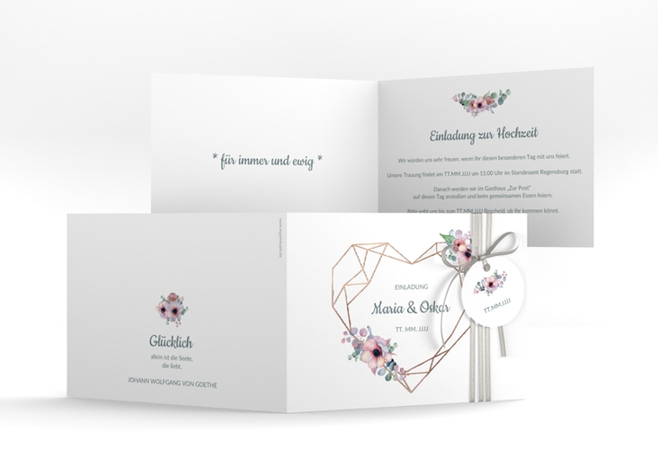 Hochzeitseinladung Herzgold A6 Klappkarte quer rosegold