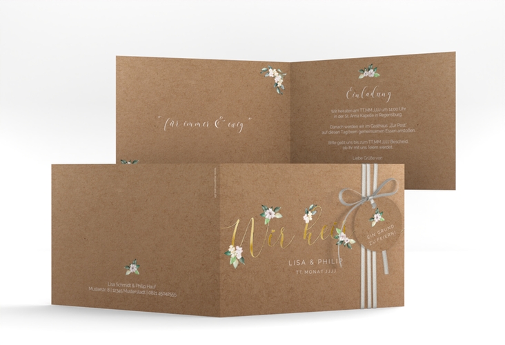 Hochzeitseinladung Inlove A6 Klappkarte quer gold