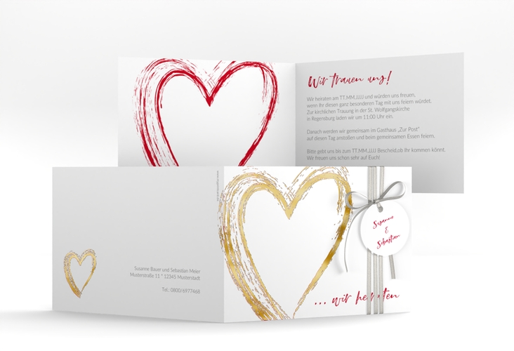 Hochzeitseinladung Liebe A6 Klappkarte quer gold