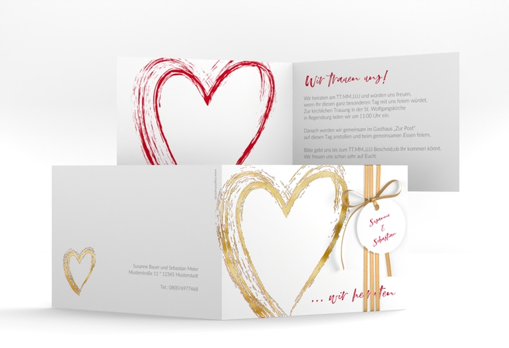 Hochzeitseinladung Liebe A6 Klappkarte quer gold