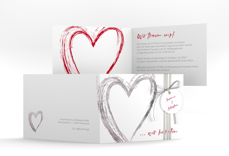 Hochzeitseinladung Liebe A6 Klappkarte quer silber
