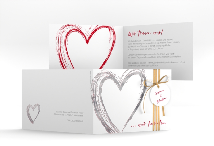 Hochzeitseinladung Liebe A6 Klappkarte quer silber