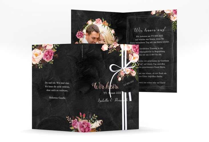 Einladungskarte Hochzeit Flowers A6 Klappkarte hoch schwarz rosegold mit bunten Aquarell-Blumen