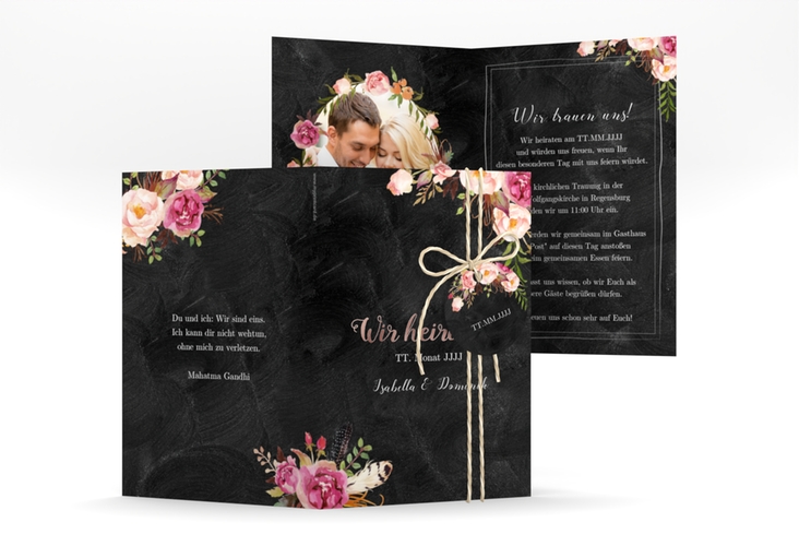 Einladungskarte Hochzeit Flowers A6 Klappkarte hoch schwarz rosegold mit bunten Aquarell-Blumen