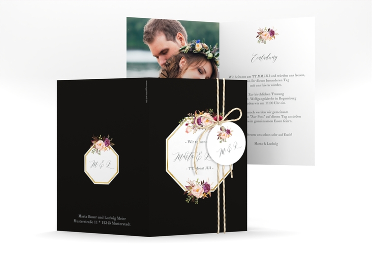 Einladungskarte Hochzeit Prachtvoll A6 Klappkarte hoch schwarz gold