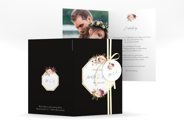 Einladungskarte Hochzeit Prachtvoll A6 Klappkarte hoch schwarz gold