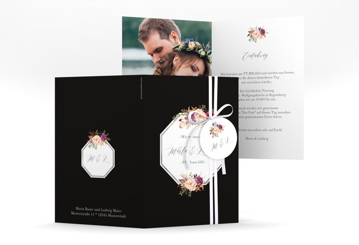 Einladungskarte Hochzeit Prachtvoll A6 Klappkarte hoch schwarz silber