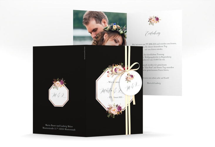 Einladungskarte Hochzeit Prachtvoll A6 Klappkarte hoch schwarz rosegold