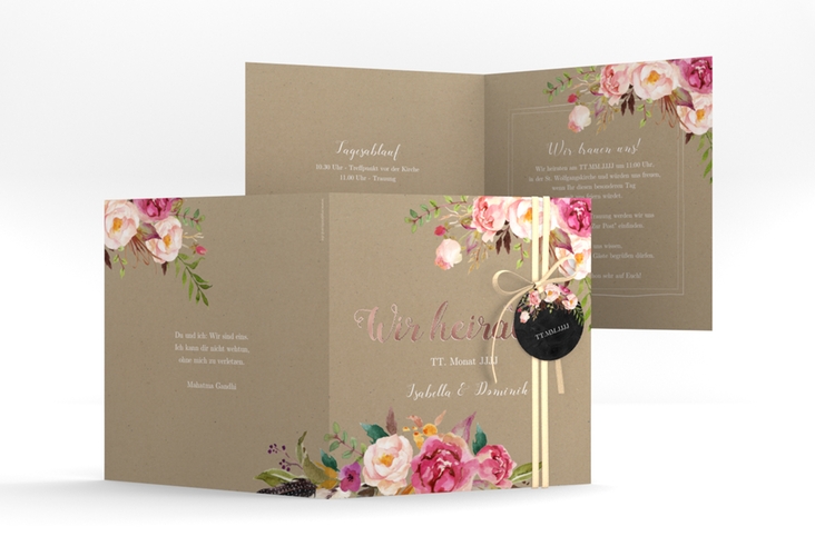 Hochzeitseinladung Flowers quadr. Klappkarte Kraftpapier rosegold mit bunten Aquarell-Blumen