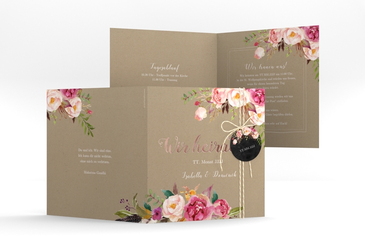 Hochzeitseinladung Flowers quadr. Klappkarte Kraftpapier rosegold mit bunten Aquarell-Blumen