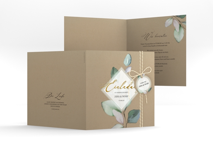 Hochzeitseinladung Foglia quadr. Klappkarte Kraftpapier gold edel mit Eukalyptus im Aquarell-Design